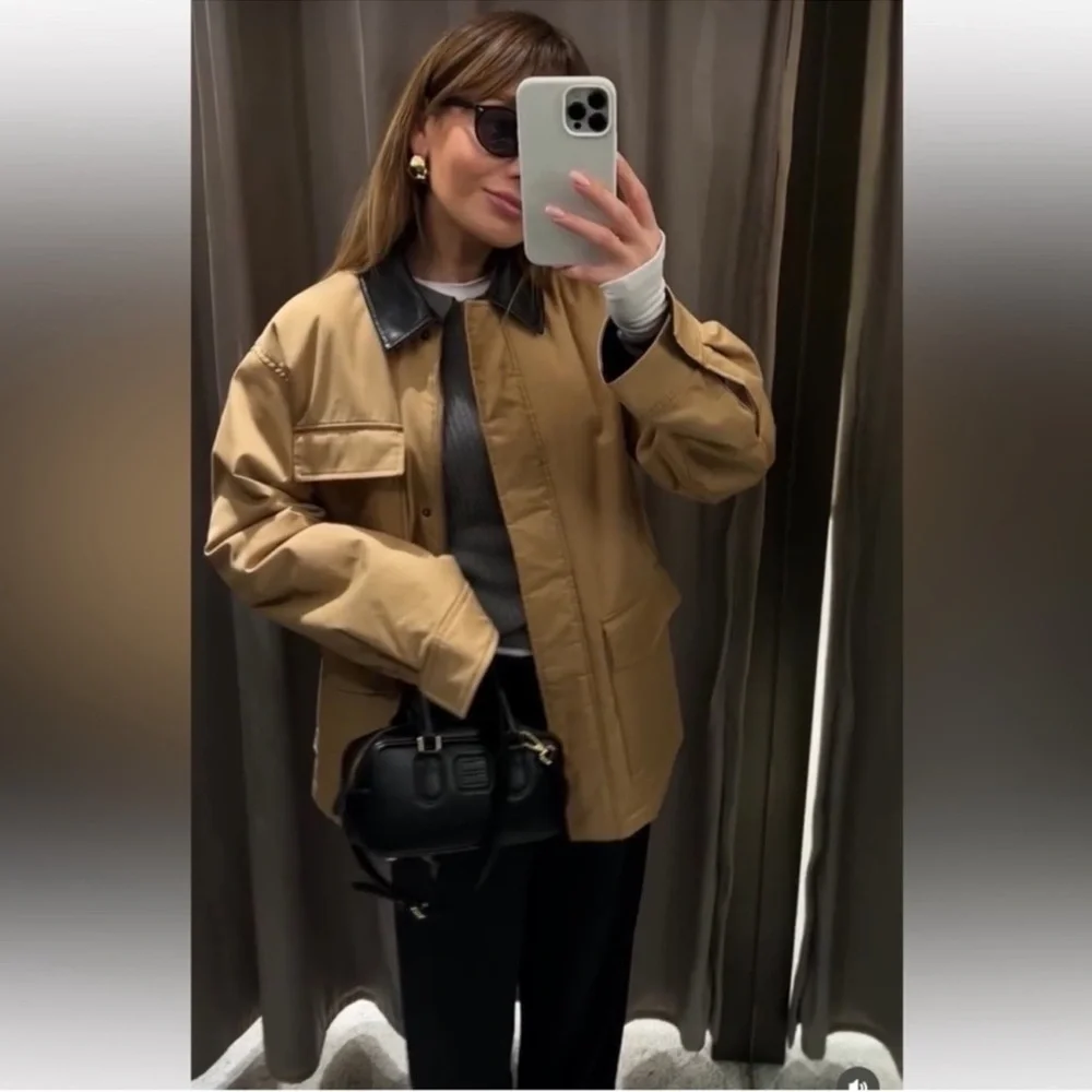ZARA Beige Field Jacket with Black Contrast Collar
